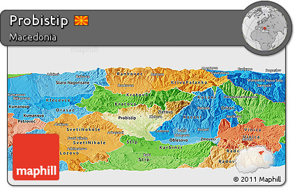 Physical Panoramic Map of Probistip, political shades outside