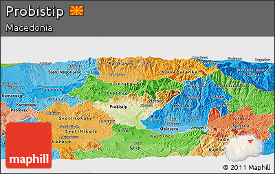 Physical Panoramic Map of Probistip, political shades outside