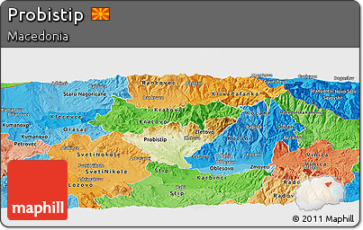 Physical Panoramic Map of Probistip, political shades outside
