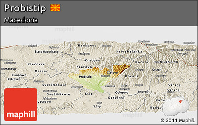 Physical Panoramic Map of Probistip, shaded relief outside