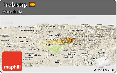 Physical Panoramic Map of Probistip, shaded relief outside