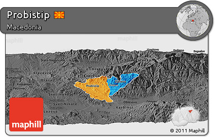 Political Panoramic Map of Probistip, darken, desaturated