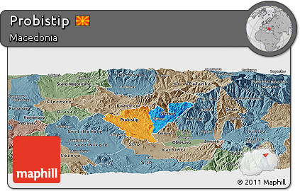 Political Panoramic Map of Probistip, semi-desaturated