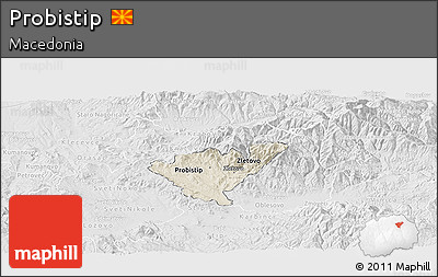 Shaded Relief Panoramic Map of Probistip, lighten, desaturated