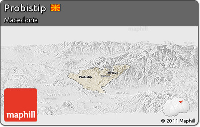 Shaded Relief Panoramic Map of Probistip, lighten, desaturated