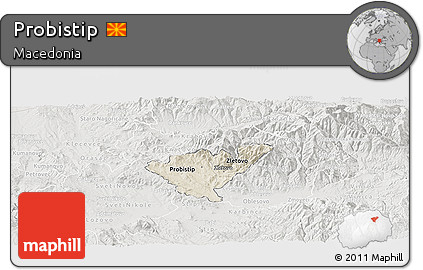Shaded Relief Panoramic Map of Probistip, lighten, semi-desaturated