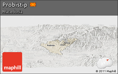 Shaded Relief Panoramic Map of Probistip, lighten, semi-desaturated