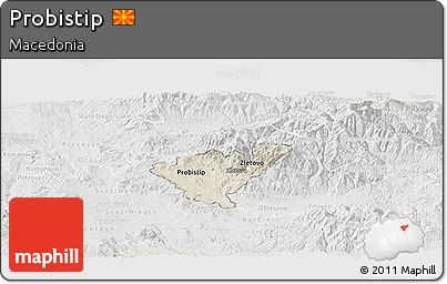 Shaded Relief Panoramic Map of Probistip, lighten, semi-desaturated