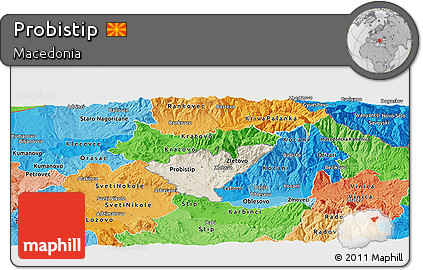 Shaded Relief Panoramic Map of Probistip, political shades outside