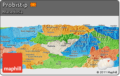 Shaded Relief Panoramic Map of Probistip, political shades outside