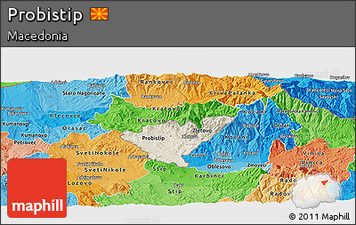 Shaded Relief Panoramic Map of Probistip, political shades outside