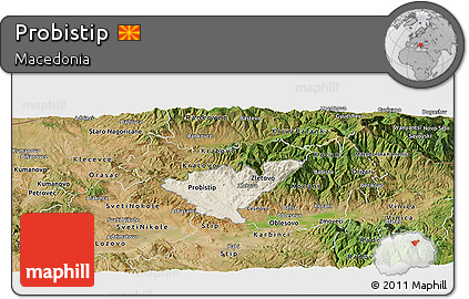 Shaded Relief Panoramic Map of Probistip, satellite outside