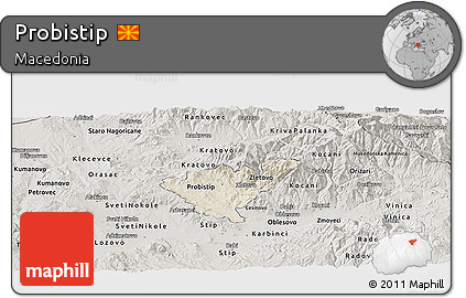 Shaded Relief Panoramic Map of Probistip, semi-desaturated