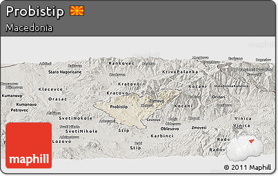 Shaded Relief Panoramic Map of Probistip, semi-desaturated