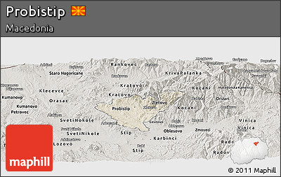 Shaded Relief Panoramic Map of Probistip, semi-desaturated