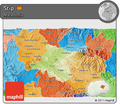 Physical 3D Map of Stip, political shades outside
