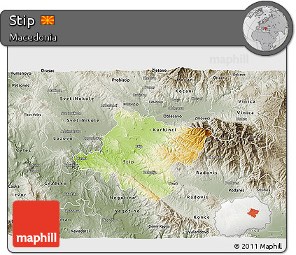 Physical 3D Map of Stip, semi-desaturated