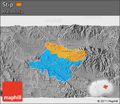 Political 3D Map of Stip, desaturated