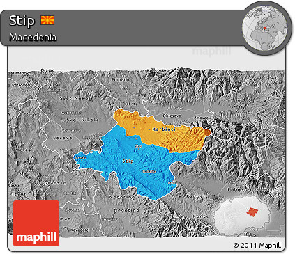 Political 3D Map of Stip, desaturated