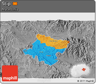 Political 3D Map of Stip, desaturated