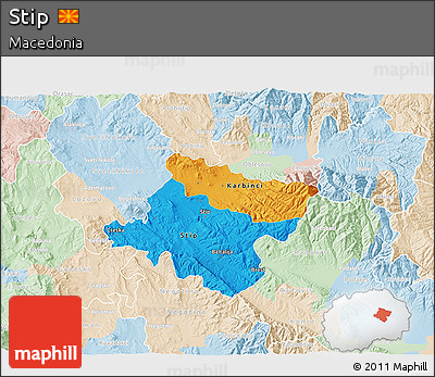Political 3D Map of Stip, lighten