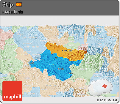 Political 3D Map of Stip, lighten