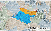Political 3D Map of Stip, lighten, semi-desaturated
