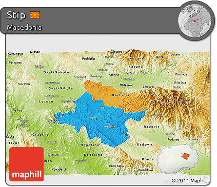 Political 3D Map of Stip, physical outside