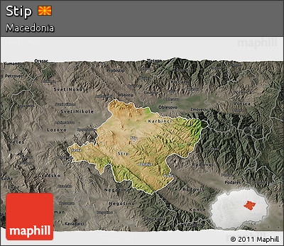 Satellite 3D Map of Stip, darken, semi-desaturated