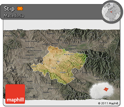 Satellite 3D Map of Stip, darken, semi-desaturated