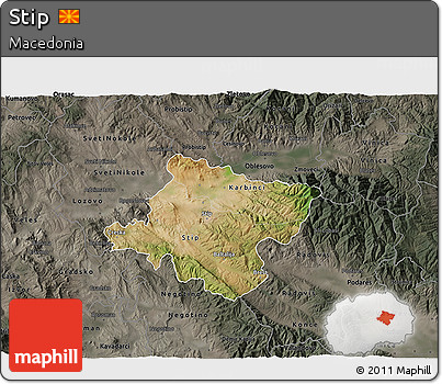 Satellite 3D Map of Stip, darken, semi-desaturated