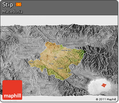 Satellite 3D Map of Stip, desaturated