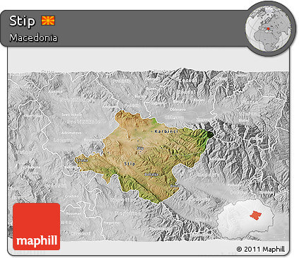 Satellite 3D Map of Stip, lighten, desaturated