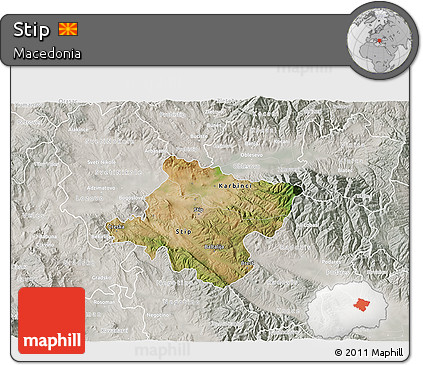 Satellite 3D Map of Stip, lighten, semi-desaturated