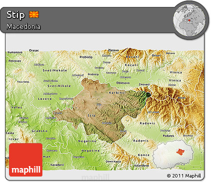 Satellite 3D Map of Stip, physical outside