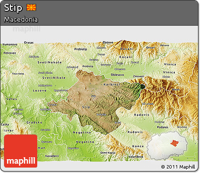 Satellite 3D Map of Stip, physical outside