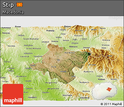 Satellite 3D Map of Stip, physical outside