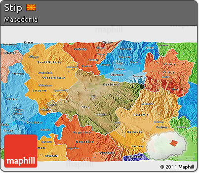 Satellite 3D Map of Stip, political shades outside
