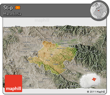 Satellite 3D Map of Stip, semi-desaturated