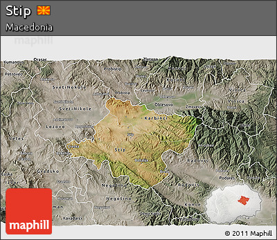 Satellite 3D Map of Stip, semi-desaturated