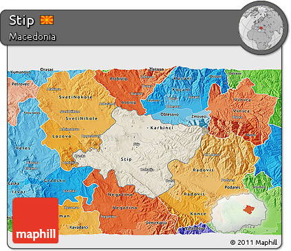 Shaded Relief 3D Map of Stip, political shades outside