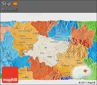 Shaded Relief 3D Map of Stip, political shades outside