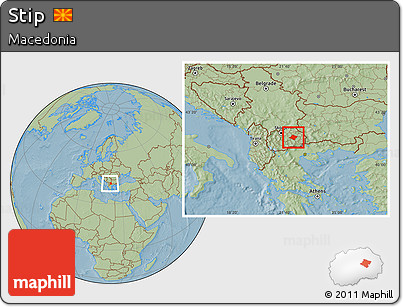 Savanna Style Location Map of Stip, within the entire country, hill shading