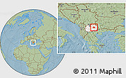 Savanna Style Location Map of Stip, highlighted country, within the entire country, hill shading
