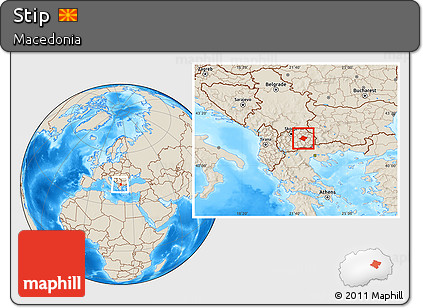 Shaded Relief Location Map of Stip, within the entire country