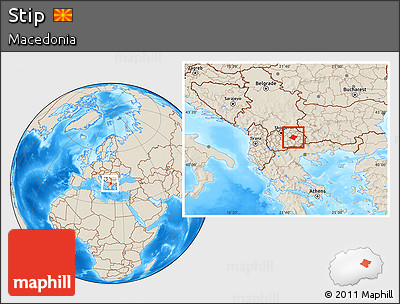 Shaded Relief Location Map of Stip, within the entire country