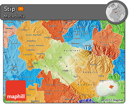 Physical Map of Stip, political shades outside