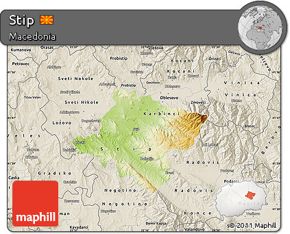 Physical Map of Stip, shaded relief outside