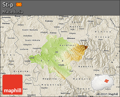 Physical Map of Stip, shaded relief outside