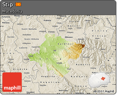 Physical Map of Stip, shaded relief outside